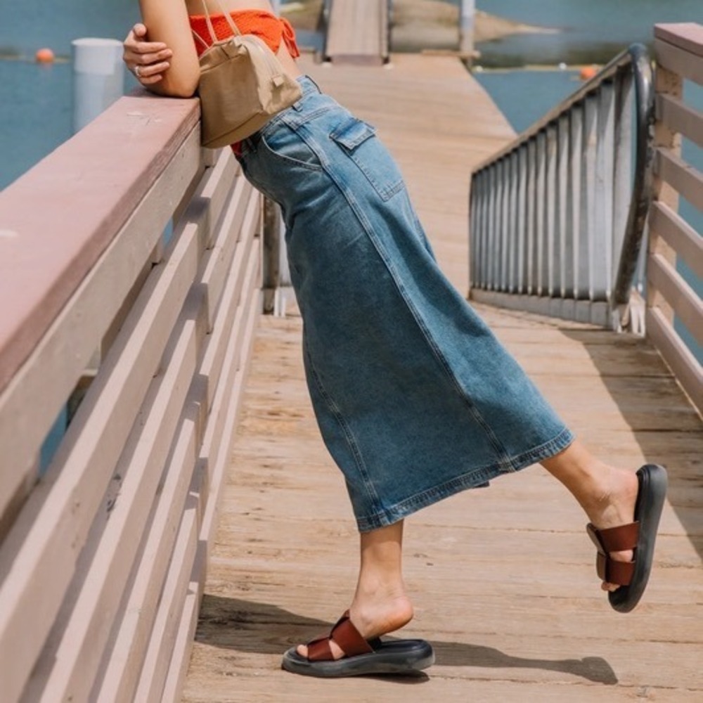 All Row Jules Denim Cargo Maxi Skirt Medium Wash Blue Cotton Utility Small